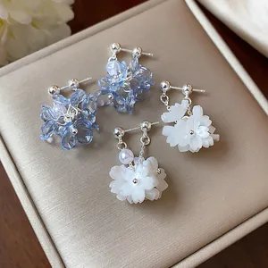 Elegant floral pearl stud earrings with S925 silver needles in blue and white colors