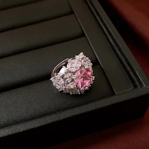 Luxury Copper Pink Cushion Cut Zirconia Open Ring For Women Elegant Silver Tone Geometric Cluster Inlaid Adjustable Finger Ring