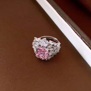 Luxury pink cushion-cut zircon adjustable open ring with sparkling cluster stone accents