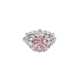 Elegant silver-tone open ring featuring a pink cushion-cut zircon and crystal halo stones