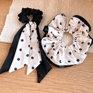 Elegant French style black and white polka dot hair scrunchie set for vintage bun hairstyles