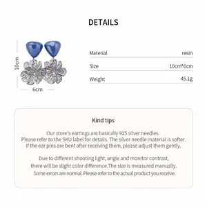 Detail view of blue resin frosted flower earrings with size and material specifications