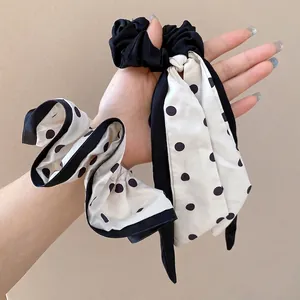 Elegant French style black and white polka dot scrunchie with long scarf hair ribbon