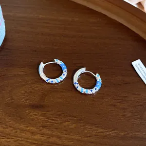 Detailed close-up of elegant silver hoop earrings with blue zircon and enamel on wood.