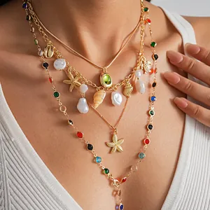 Bohemian Resort Layered Necklace With Starfish Conch Pendant Artificial Pearl Resin Beaded Vintage Choker For Women Vacation Jewelry