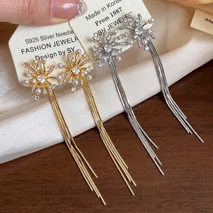 Luxury 18K Gold Plated Firework Tassel Earrings With Artificial Pearl And Rhinestone S925 Sterling Silver Post Earrings For Women Jewelry