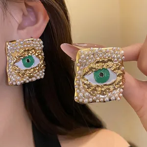 Vintage Palace Style Rhombus Stud Earrings For Women Retro Gold Tone Alloy Artificial Pearl Enamel Evil Eye Dainty Jewelry Accessory Gift