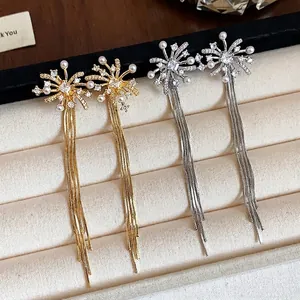 Elegant 18k gold plated firework tassel earrings with pearls and silver needle studs