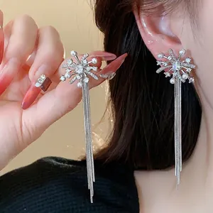 Elegant firework tassel pearl stud earrings with sparkling crystals and silver plating