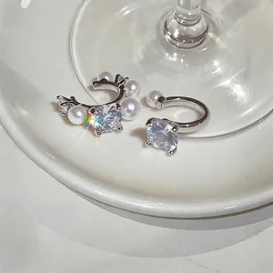 Minimalist silver zircon ear cuff set with white pearl accents for non-pierced ears