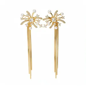Elegant 18k gold plated firework tassel earrings with white pearls and sparkling zirconia