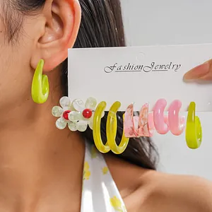 Bohemian Resin Flower Geometric C-Shape Stud Earrings Set For Women Colorful Marble Print Silver Earring Post Jewelry Gift