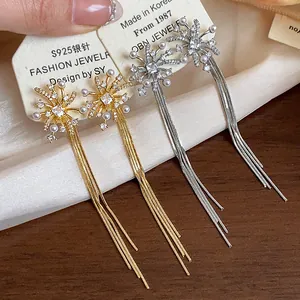Close-up of elegant firework tassel earrings with pearls and S925 silver needles.