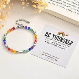 Rainbow natural stone bracelet with stainless steel beads and inspirational message card