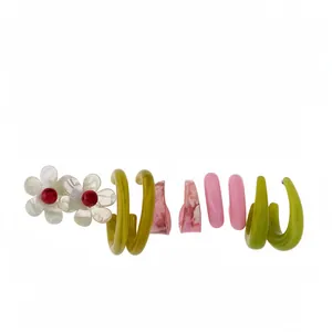 Chic 10-piece resin earring set featuring marble floral and C-shaped geometric designs in pink and green