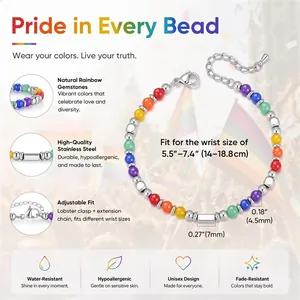 Close-up of rainbow natural stone beaded bracelet with adjustable steel clasp