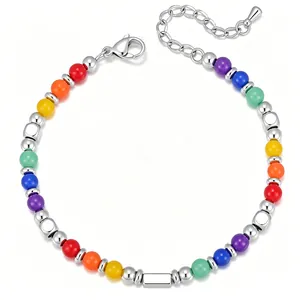 Close-up detail of rainbow natural stone beaded bracelet with adjustable stainless steel chain