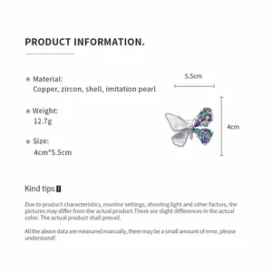 Detailed specifications for zircon shell butterfly brooch with weight and size info.