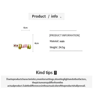 Detail view showing resin flower earring set specifications with dimensions and weight