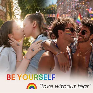 Lifestyle shot of adjustable rainbow natural stone beaded bracelet during Pride