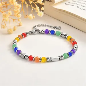Detailed view of the vibrant rainbow natural stone beads and stainless steel chain.