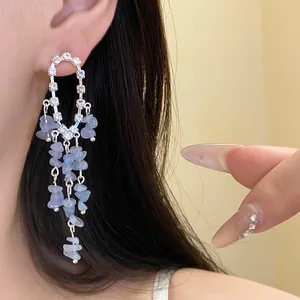 Dettaglio di eleganti orecchini con nappa lunga, pietre blu e piccoli strass brillanti