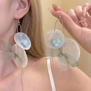 Forest Style Chiffon Butterfly Shell Flower Tassel Earrings For Women Rhinestone Long Dangle Earring Hooks Jewelry Gift