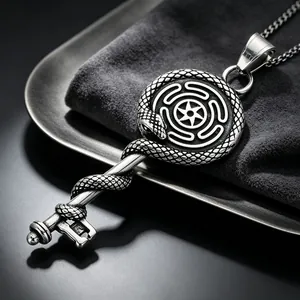 Vintage Stainless Steel Mystic Symbol Key Pendant Gothic Hecate Wheel Ouroboros Cross Snake Maze Necklace Pendant For Men Jewelry