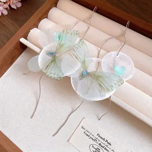 Elegant Mori-style chiffon butterfly and shell flower tassel earrings with blue crystals