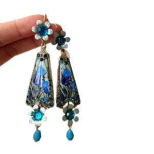 Elegant vintage court style resin flower drop earrings with blue iris floral patterns