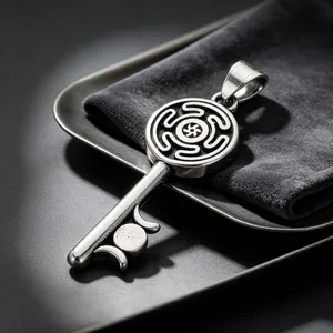 Detail of vintage titanium steel key pendant with Hecate's Wheel and crescent symbols
