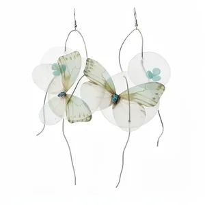 Elegant Mori-style chiffon butterfly earrings with shell flowers and long silver tassels