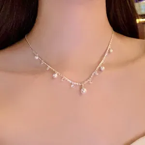French Romantic Starry Sky Artificial Pearl Zirconia Necklace Copper Clavicle Chain Silver Elegant Jewelry For Women