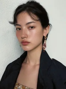 Exquisite vintage palace style resin flower drop earrings worn by a female model