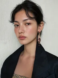 Close-up of elegant Asian model wearing vintage-style resin flower drop earrings in detail