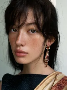 Detailed close-up of vintage court style resin flower earrings on a model