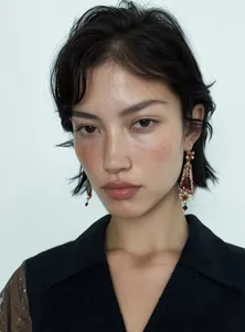 Detail shot of vintage court style resin flower drop earrings on a professional Asian model.