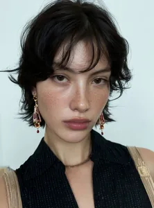 Detailed view of vintage palace style resin flower drop earrings worn by a fashion model