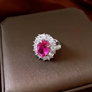 Elegant vintage court style oval pink zircon flower adjustable ring for women