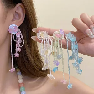 Bohemian Shell Flower Tassel Drop Earrings With Silver Earring Post Elegant Glass Floral Long Earrings For Women Vacation Jewelry
