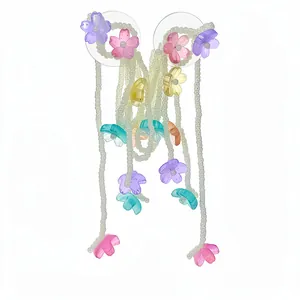 Fresh colorful flower fringe earrings with white beads and silver needles design