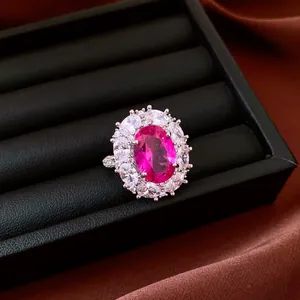 Vintage oval pink zircon flower open ring with radiant clear crystal halo jewelry detail