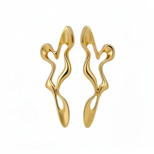 Elegant gold fluid geometric hollow-out drop earrings with minimalist luxury design style