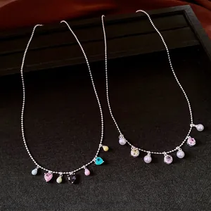 Vintage Copper Zirconia Colorful Artificial Pearl Pendant Necklace Women Retro Water Drop Heart Clavicle Chain Jewelry