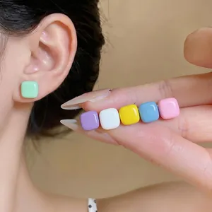 Korea Ins Style Sweet Candy Color Square Drip Oil Stud Earrings Minimalist Alloy Geometric Silver Post Earring For Women