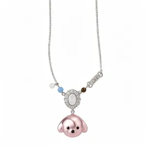 Collana con pendente a testa di cane rosa e pietra ovale con zirconi in argento