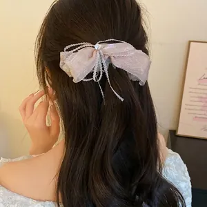 Sweet pink ribbon bow banana clip with lace trim and rhinestone for elegant ponytail styling