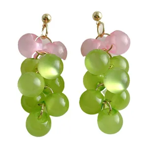Charming translucent green grape cluster drop earrings with pink accents and gold studs