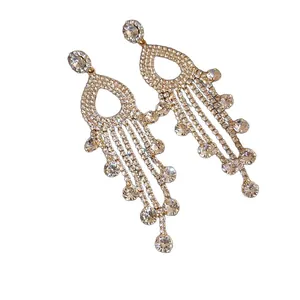 French style sparkling rhinestone tassel drop earrings for elegant parties