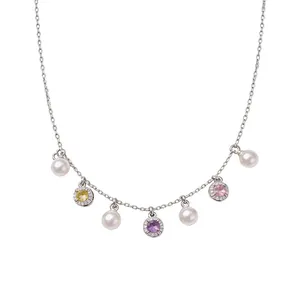 Elegant silver pearl necklace with colorful gemstone pendants for women.